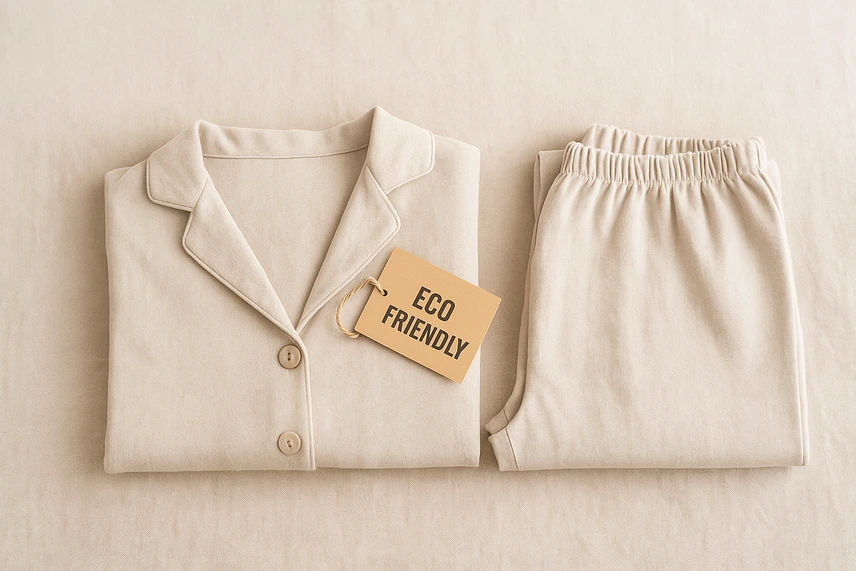 Conjunto de pijama dobrado com etiqueta eco friendly sobre tecido bege, destacando moda sustentável