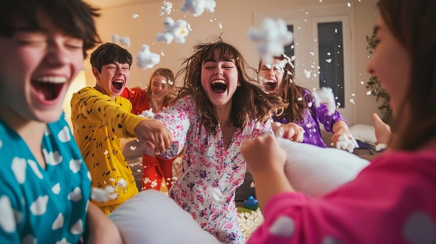 Grupo de jovens se divertindo em uma festa do pijama com pipoca e pijamas coloridos, transmitindo alegria e energia
