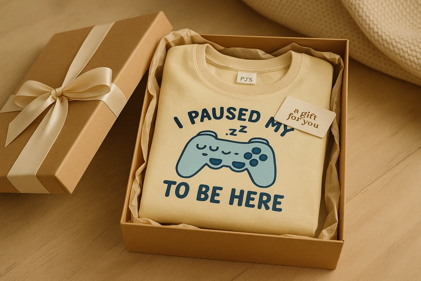 Pijama dobrado com estampa gamer em caixa de presente com laço, acompanhado de cartão 'a gift for you