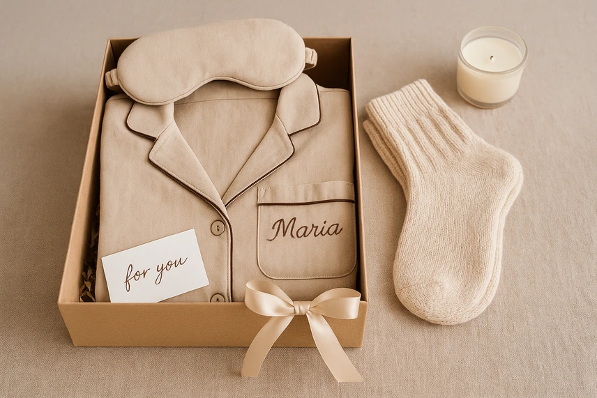 Kit de presente com pijama bege personalizado com nome Maria, máscara de dormir, par de meias e vela aromática sobre fundo neutro