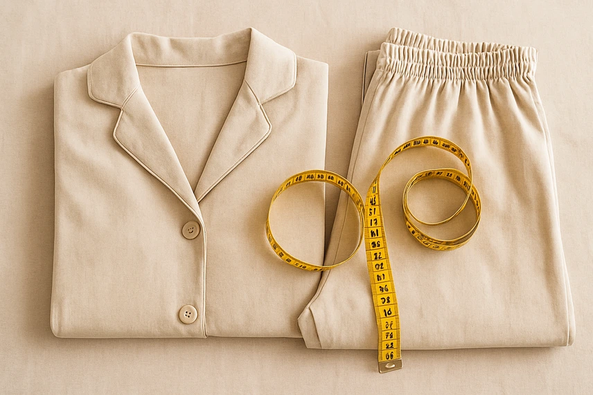 Conjunto de pijama bege dobrado com fita métrica amarela ao lado, indicando atenção às medidas e tamanhos disponíveis