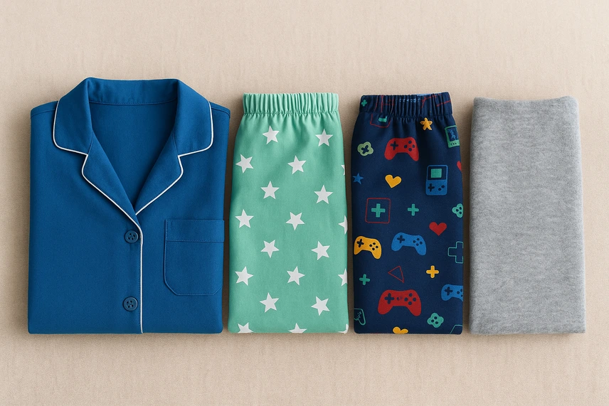 Conjunto de pijamas infantis dobrados com diferentes estampas: azul liso, estrelas, videogame e tecido cinza, destacando variedade divertida para crianças