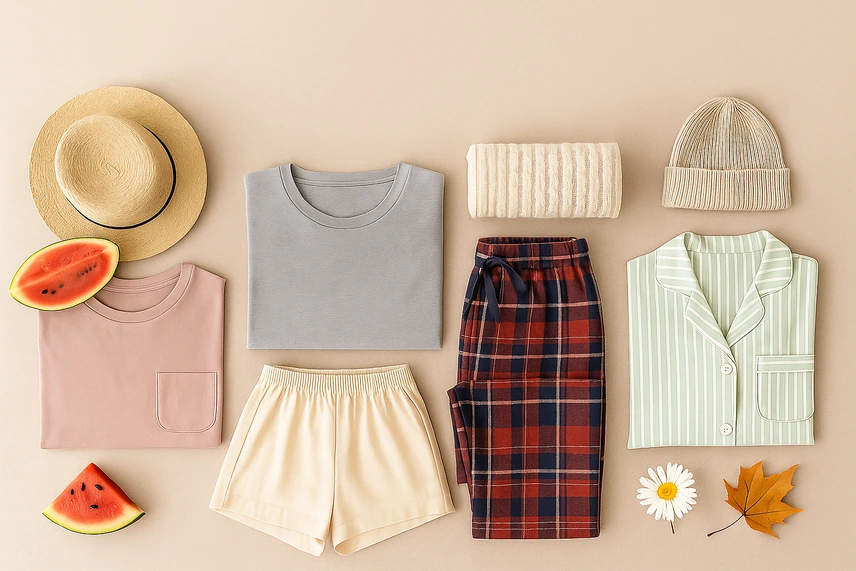 Conjunto de pijamas e roupas confortáveis organizados com itens temáticos de verão e inverno, como melancia, chapéu e touca, sugerindo moda para todas as estações