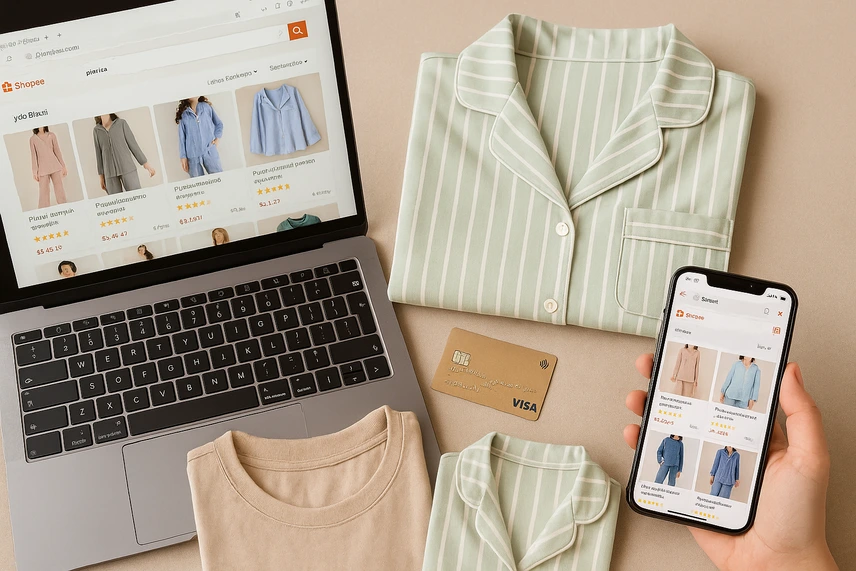Cena de compra online de pijamas com notebook, cartão de crédito, celular e peças de roupa sobre uma superfície bege, representando comodidade e estilo na Shopee