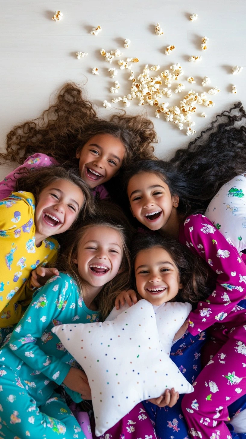 Crianças de pijama deitadas juntas no chão, sorrindo alegremente, com pipocas espalhadas ao redor delas