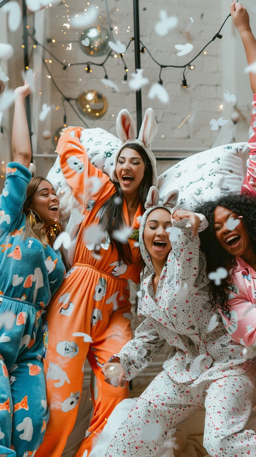 Grupo de mulheres se divertindo em uma festa do pijama, vestindo pijamas estampados e tiaras de orelhas de coelho, com confetes em forma de coração no ar