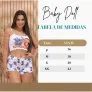 Modelo usando baby doll Stitch e tabela de medidas com tamanhos do P ao GG