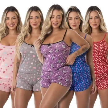 Conjunto de cinco modelos diferentes de baby doll estampado em cores variadas, ideal para atacado ou revenda