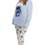 Close lateral do pijama feminino adulto azul claro com estampa do Stitch, exibindo a estampa da calça